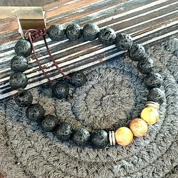 Hand Crafted Chakra Bracelet Yellow Aqua Terra Jasper Black Lava - Picture 5 of 8